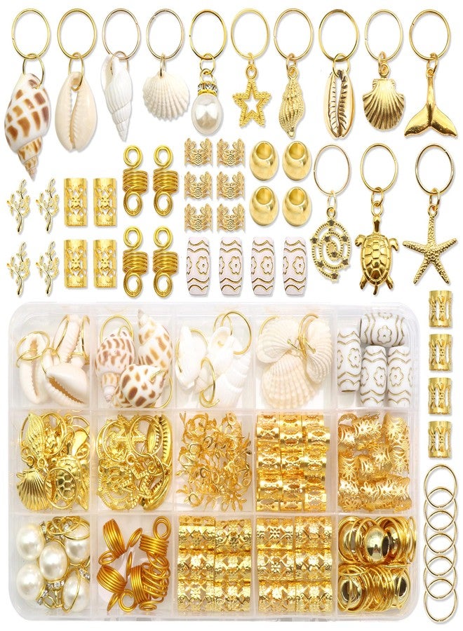 VENOFEN 149Pcs Shell Hair Jewelry Gold Loc Cuffs Rings Natural Conch Starfish Braids Clips Pearl Dreadlock Charm Hair Tube Beads Accessories for Women and Girls - Image 1